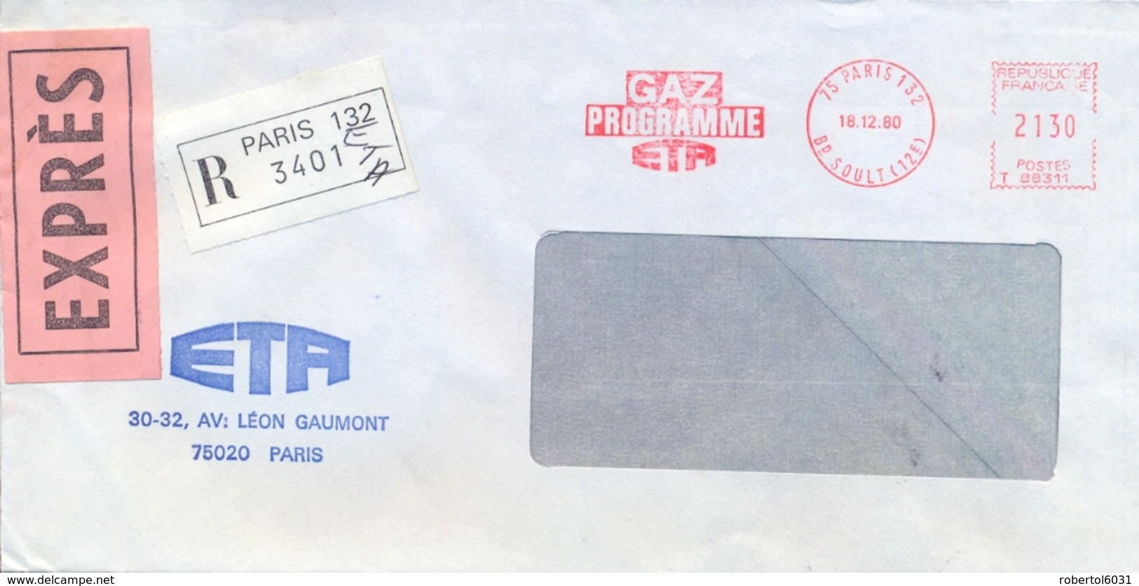 France 1980 Registered Express Cover To Italy With EMA Franking Gas Meter Cancel - Gas