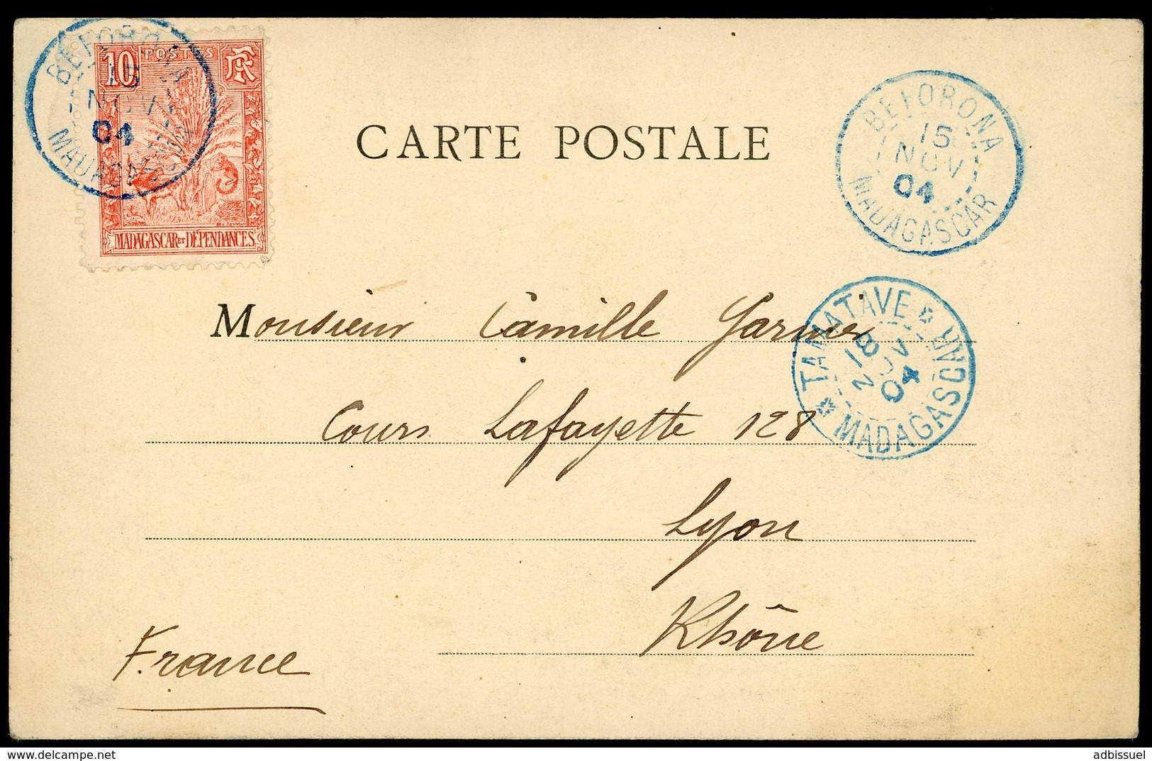 1904 N° 67 10ct Obl C-à-d Bleu "BEFORONA MADAGASCAR 15/11/04" Sur CP Pour Lyon + C-à-d Bleu "TAMATAVE 18/11/04". TB - Lettres & Documents