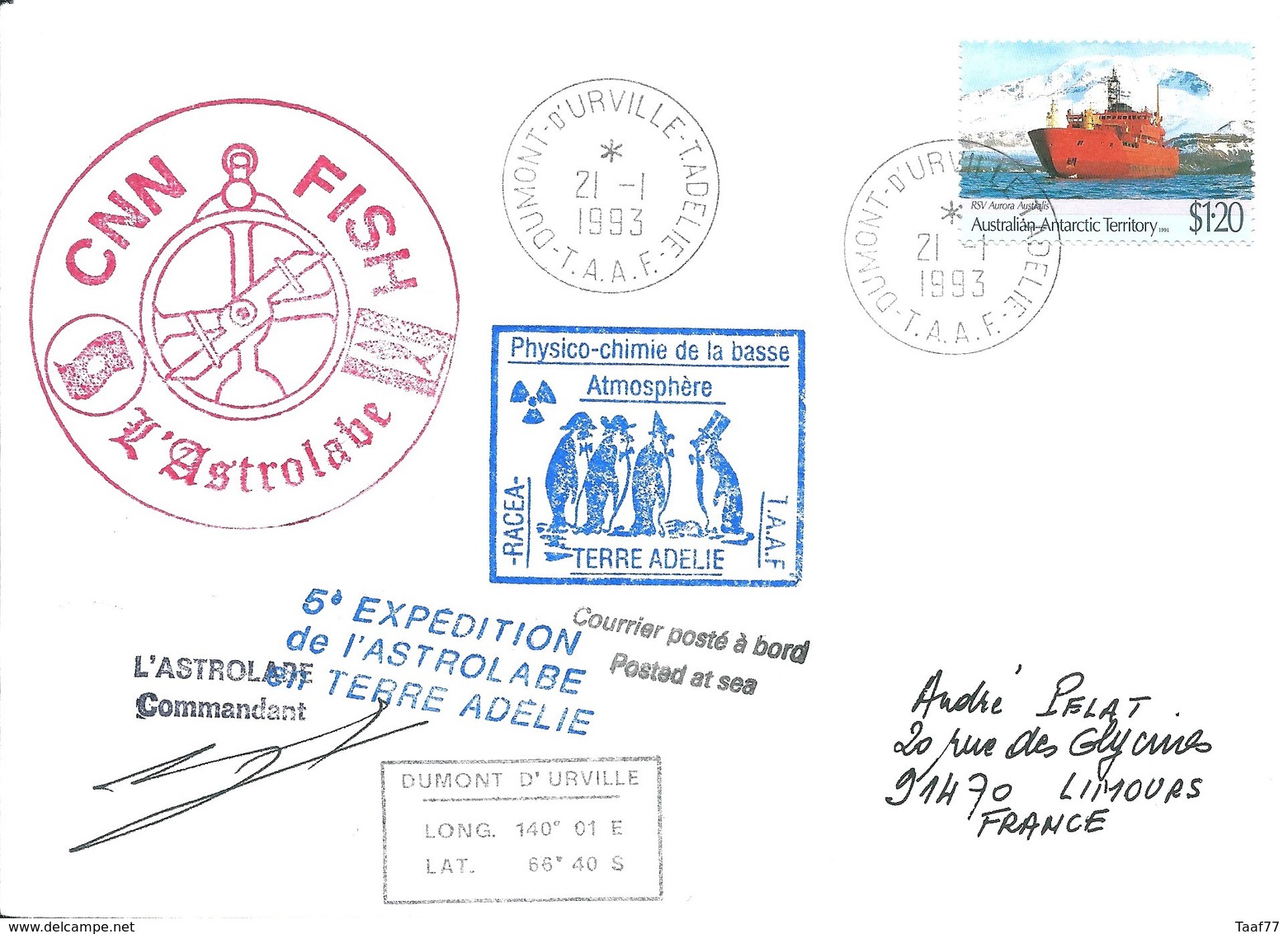 TAAF - Dumont D'Urville-T.Adélie: Lettre "L'Astrobale" Avec A. Antartic Territory N°89 RSV Aurora Australis - 21/01/1993 - Lettres & Documents