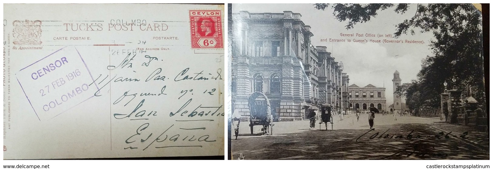 O) 1916 CEYLON. KING GEORGE V 6c, POST OFFICE AND ENTRANCE TO QUEEN'S HOUSE POSTAL CARD, CENSOR -COLOMBO - Sri Lanka (Ceylon) (1948-...)