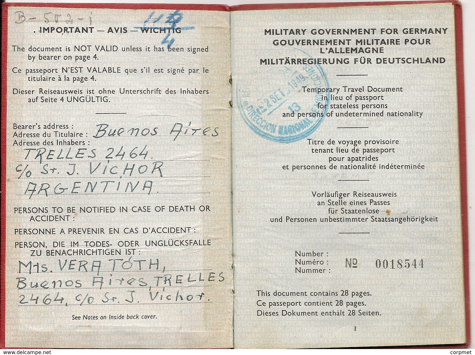 MILITARY GOVERNMENT FOR GERMANY 1949 -PASSPORT - PASSEPORT For Hungarian TOTH DEZSO Exit Permit To ARGENTINA -NOT COMMON - Historische Dokumente