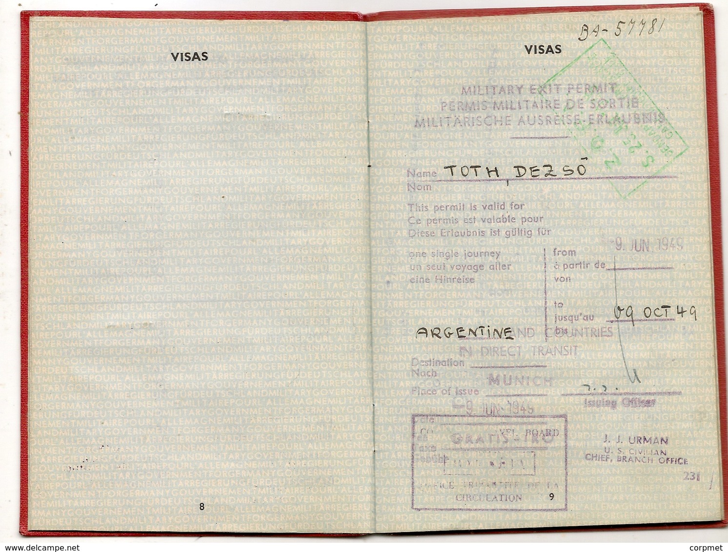 MILITARY GOVERNMENT FOR GERMANY 1949 -PASSPORT - PASSEPORT For Hungarian TOTH DEZSO Exit Permit To ARGENTINA -NOT COMMON - Historical Documents