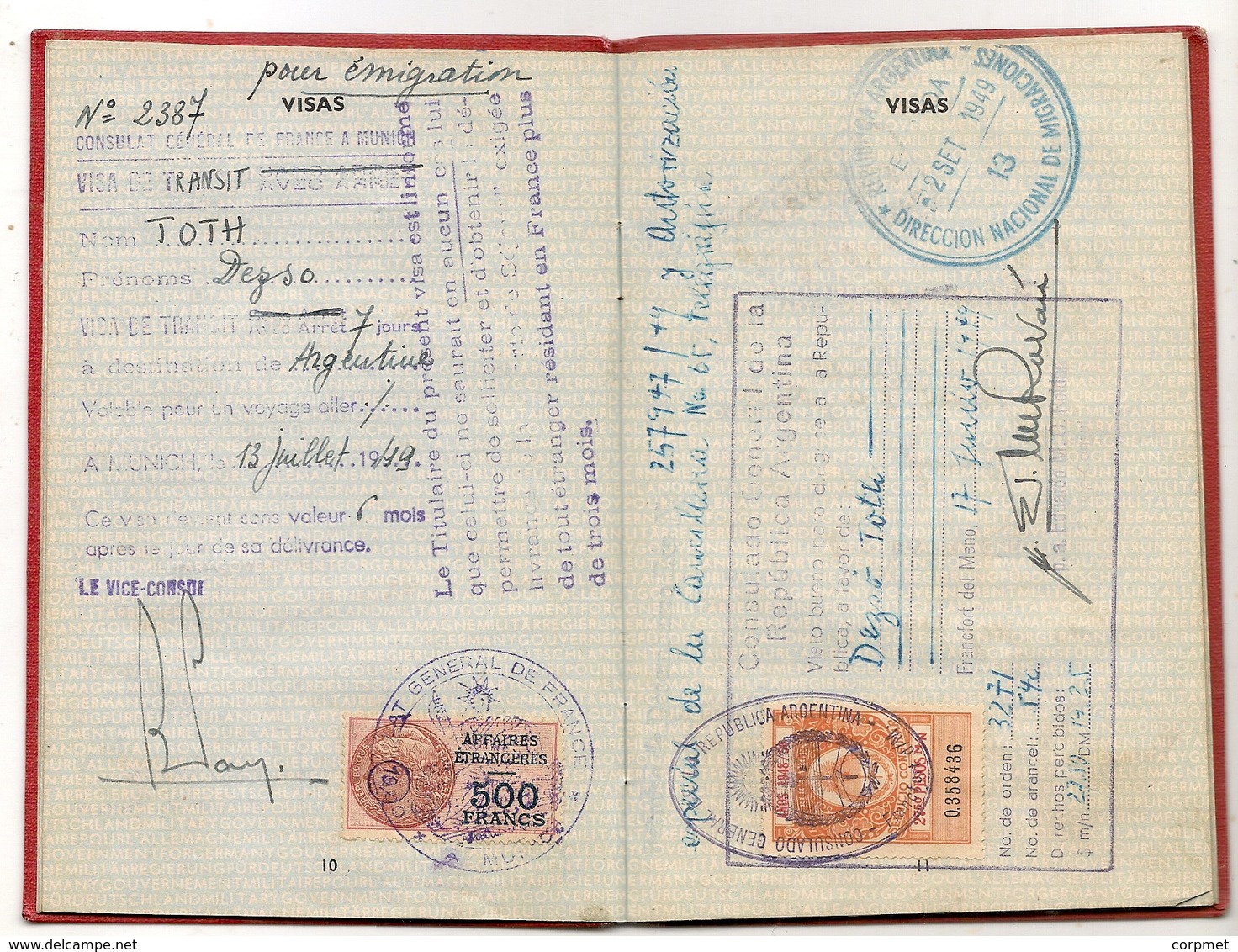 MILITARY GOVERNMENT FOR GERMANY 1949 -PASSPORT - PASSEPORT for hungarian TOTH DEZSO exit permit to ARGENTINA -NOT COMMON