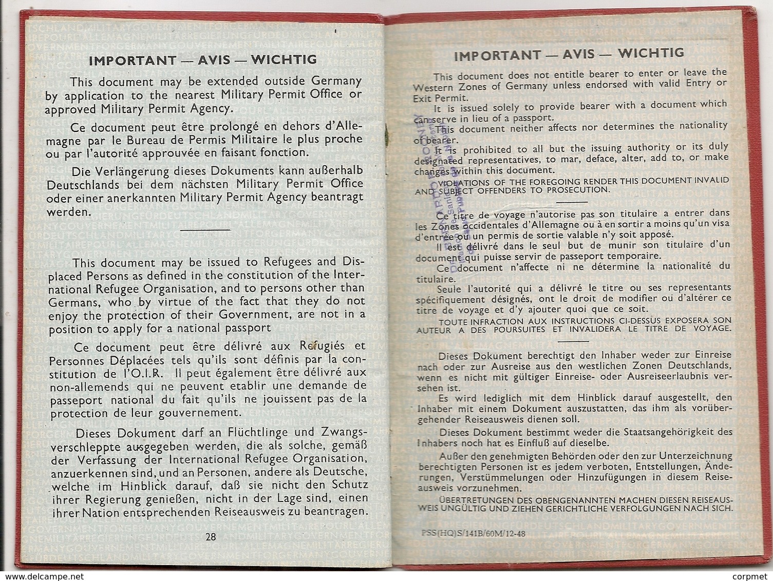 MILITARY GOVERNMENT FOR GERMANY 1949 -PASSPORT - PASSEPORT for hungarian TOTH DEZSO exit permit to ARGENTINA -NOT COMMON