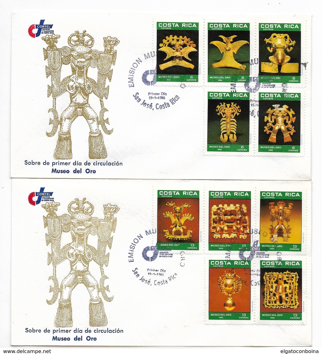 COSTA RICA 1986, FDC GOLD MUSEUM ART ARCHAEOLOGY SET OF 10 ON 2 FIRST DAY COVER - Costa Rica