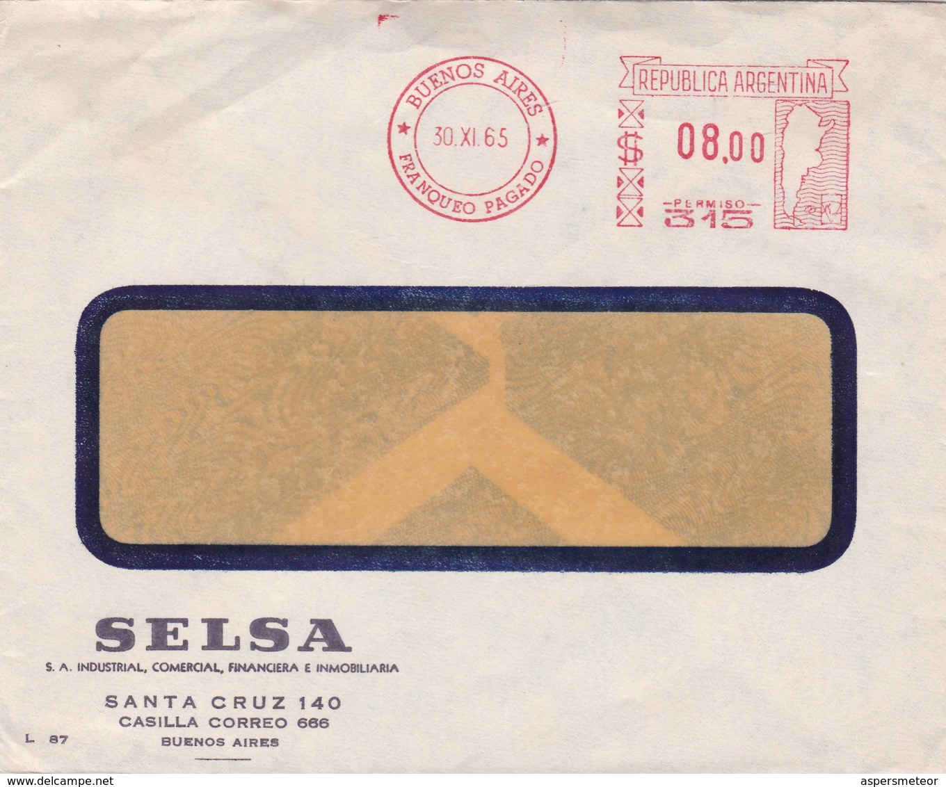 1965 COMMERCIAL COVER- SELSA. CIRCULEE BUENOS AIRES, ARGENTINE. FRANKING MACHINE- BLEUP - Briefe U. Dokumente