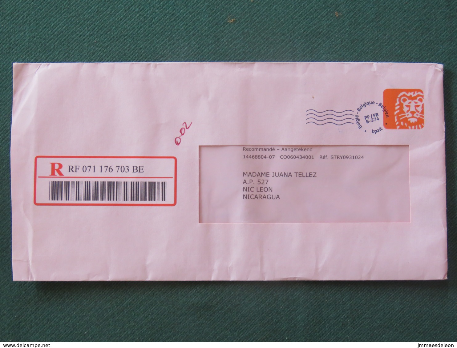 Belgium 2019 Registered Cover To Nicaragua - Machine Franking - Lion - Lettres & Documents