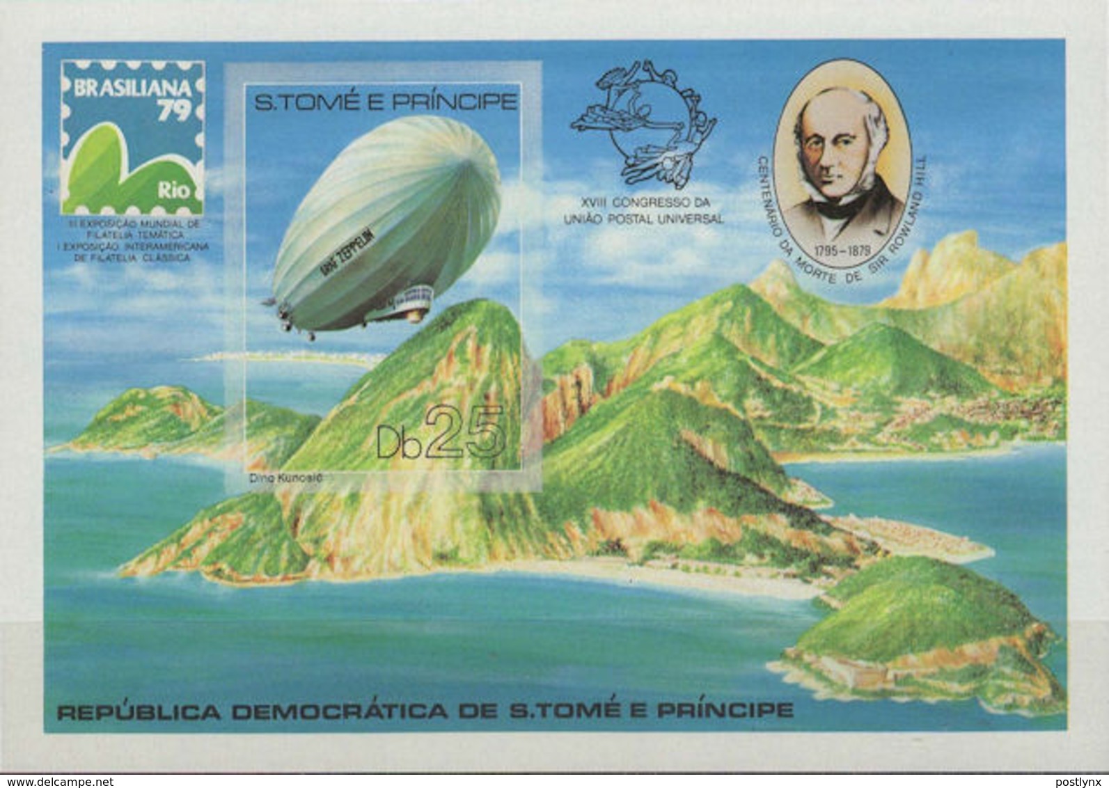 ST.THOMAS PRINCE 1979 Rowland Hill Airplane Zeppelin UPU Phil.exh.25Db IMPERF.sheetlet - Isole