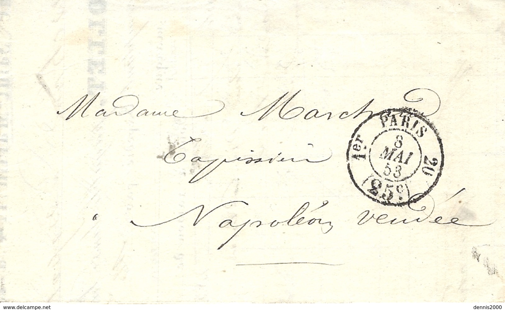 1853 -lettre En Port Du - Cachet De Route 25 C  1 Er  20  De Paris Pour Napoléon-Vendée - 1849-1876: Période Classique