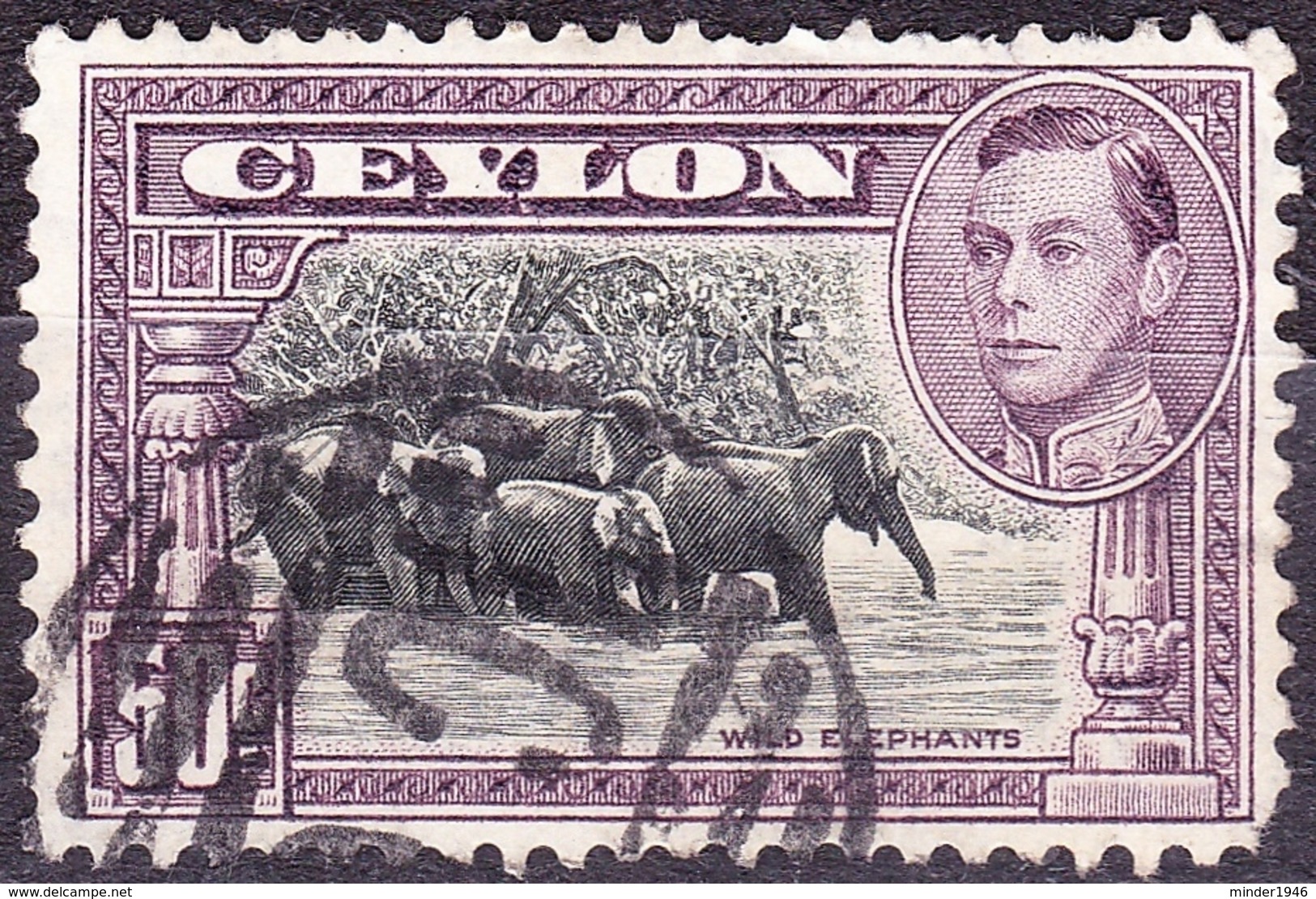 CEYLON 1942 KGVI 50 Cents Black & Mauve SG394d Used - Ceylon (...-1947)