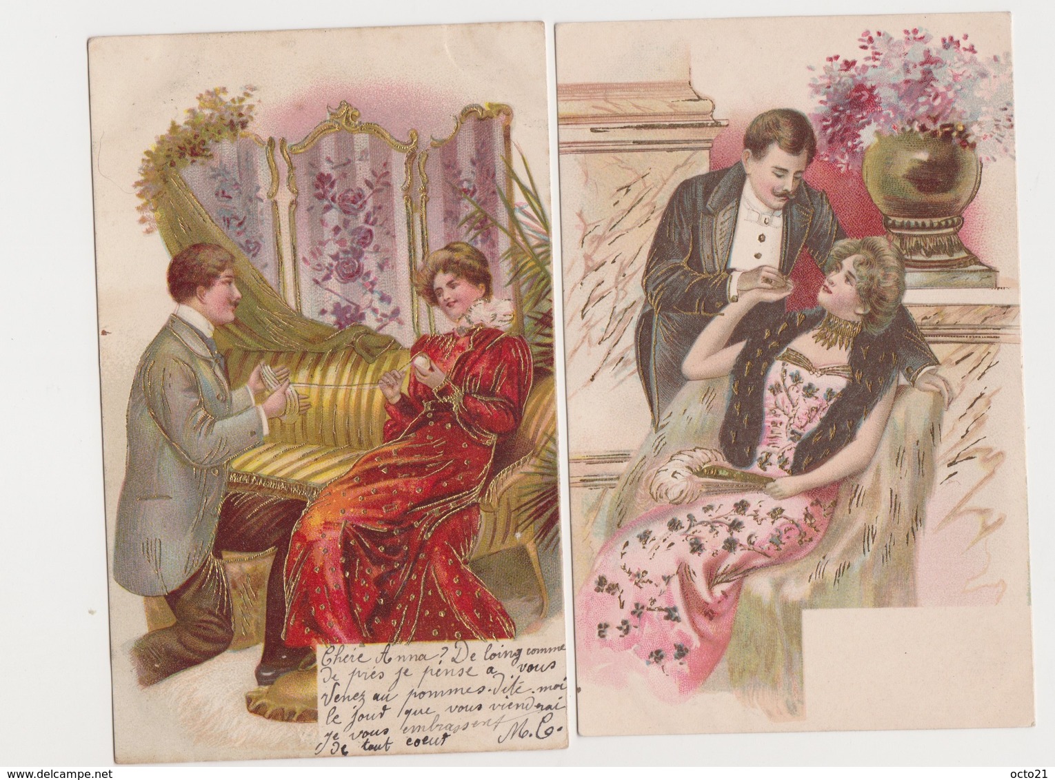 4 Cartes Fantaisie Gaufrées  / Couple D'amoureux , En Promenade , Dans Un Salon - Couples