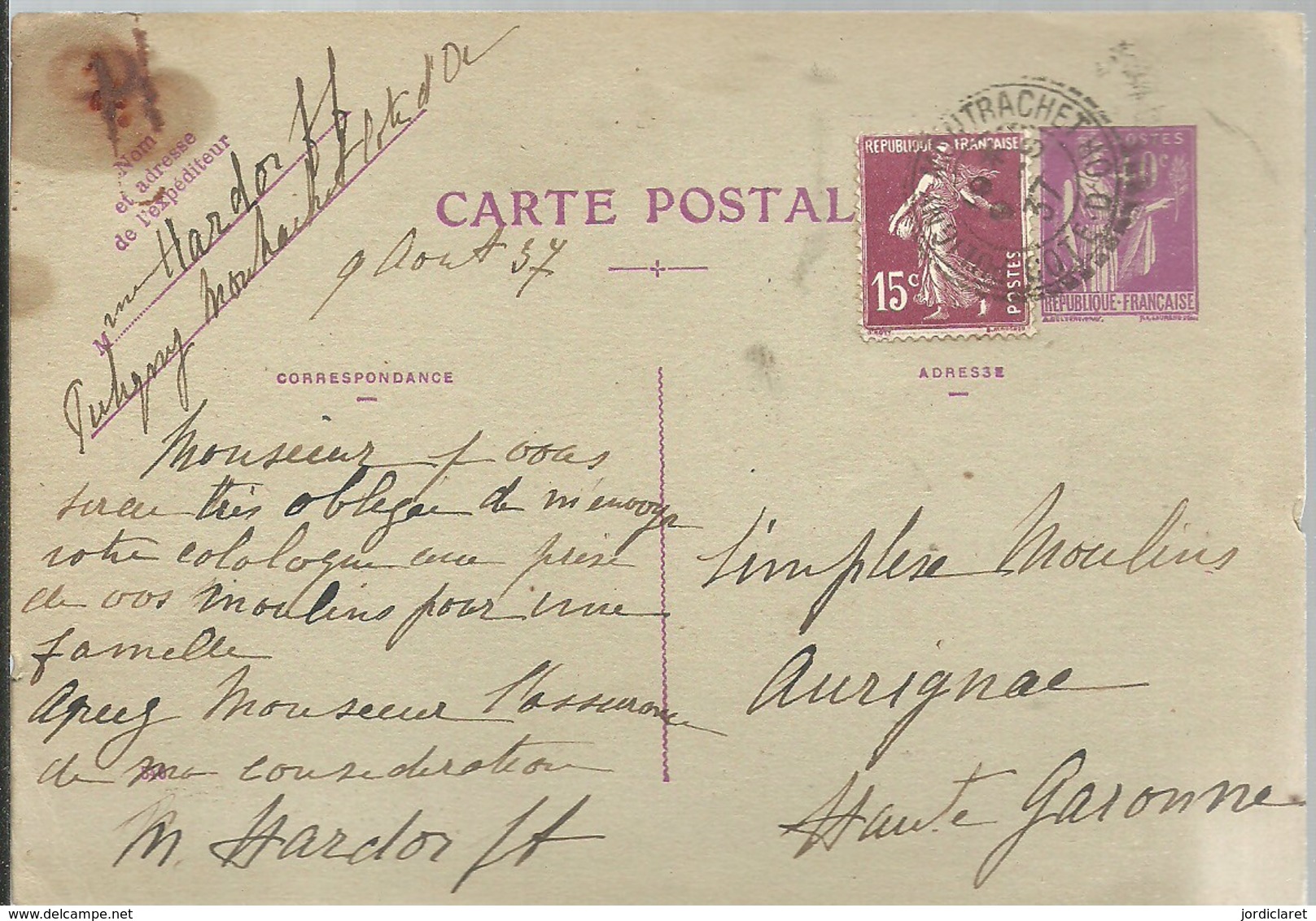 CARTE POSTALE  PULIGNY  MOUTRACHET 1937 - Enteros Administrativos