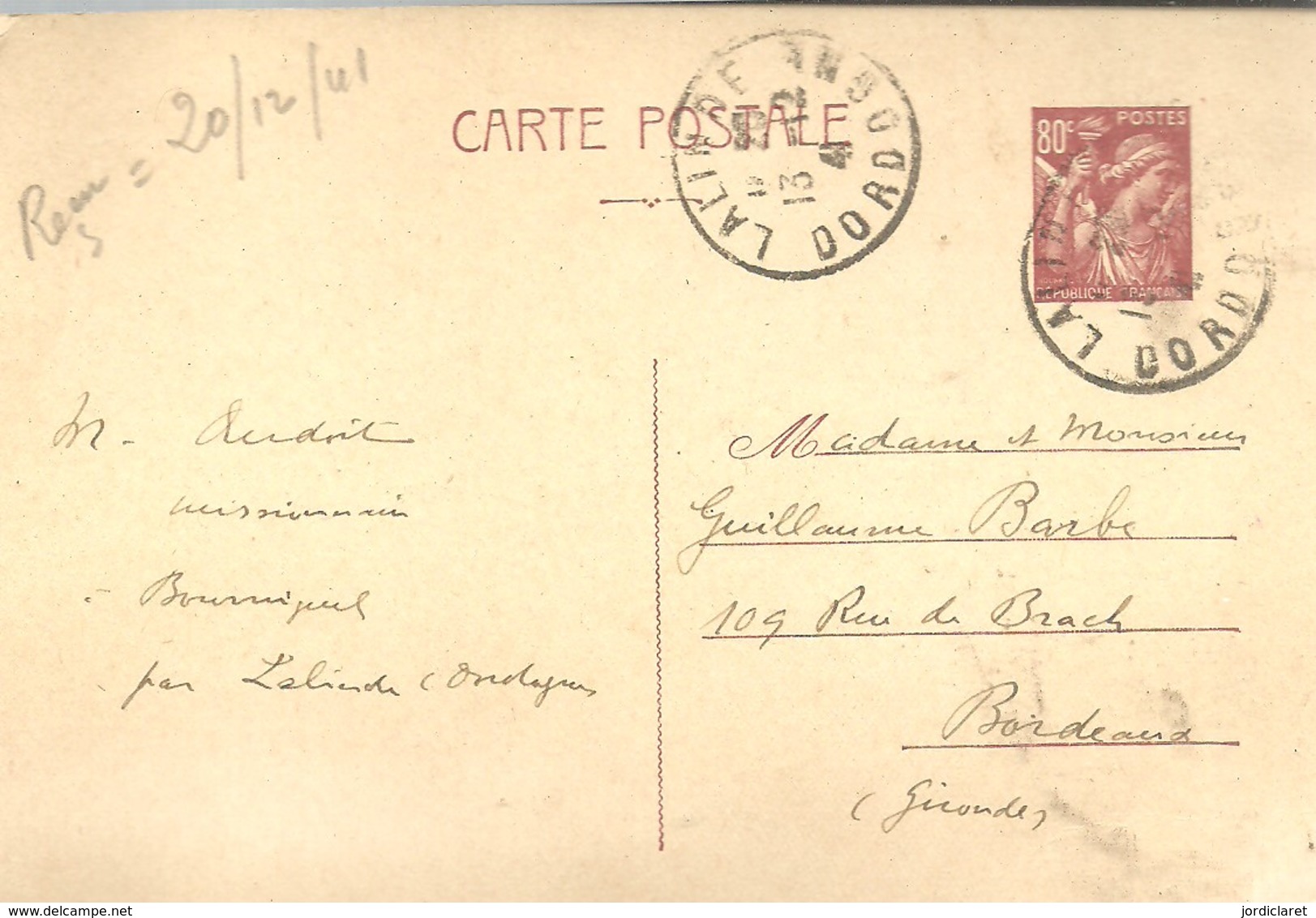 CARTE POSTAL POSTALE  LALINDE 1941 - Enteros Administrativos