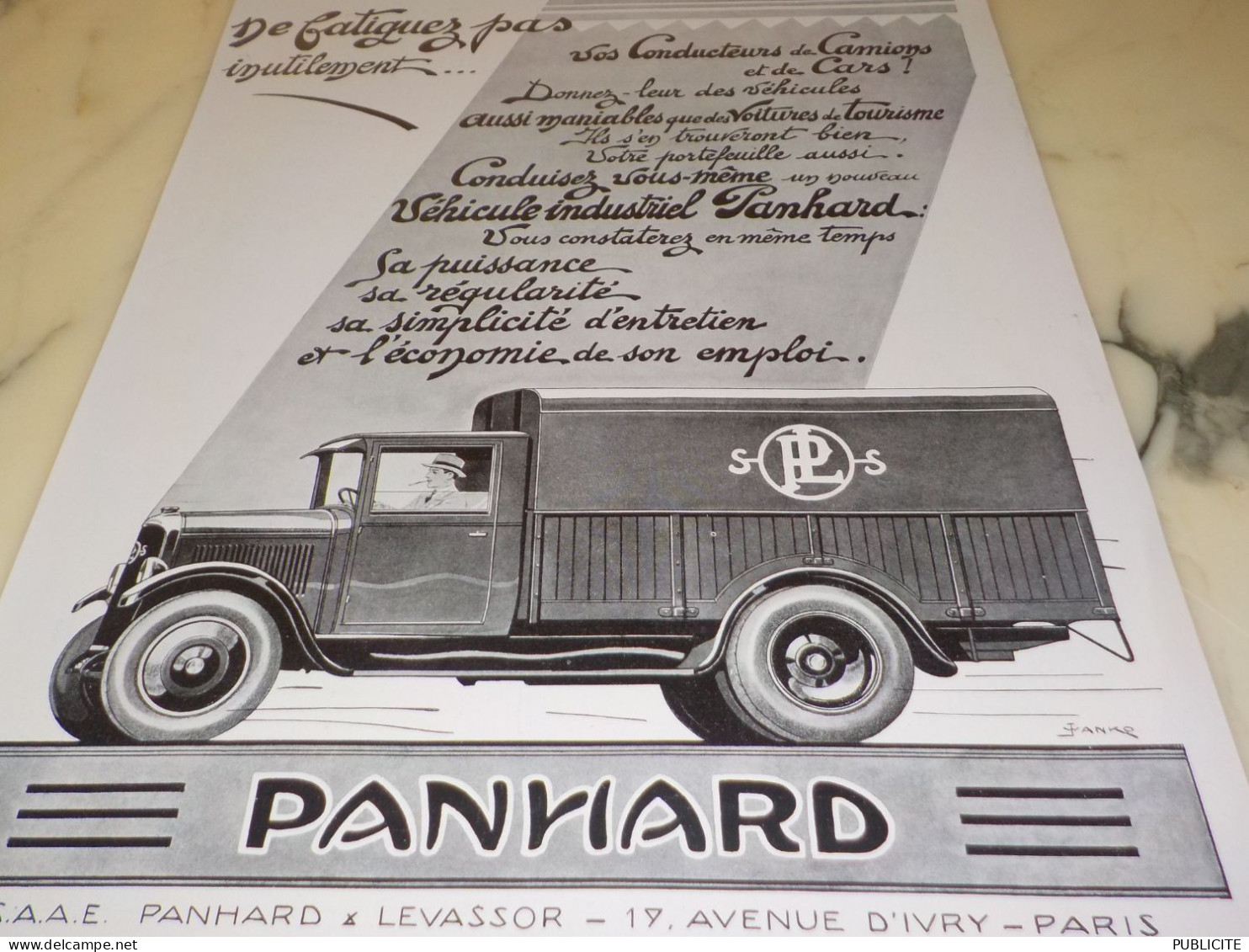 ANCIENNE   PUBLICITE CAMION PANHARD 1929 - Trucks