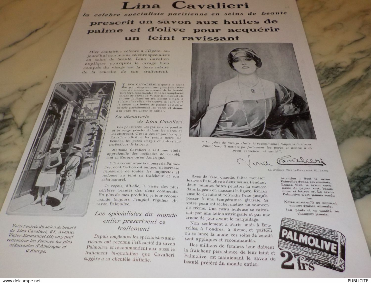 ANCIENNE PUBLICITE SAVON PALMOLIVE  LINA CAVALIERI 1929 - Other & Unclassified