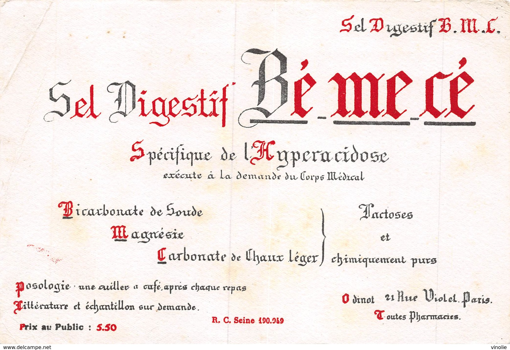 VP-GF.19-252 : BUVARD. SEL DIGESTIF BEMECE   DE ODINOT - Produits Pharmaceutiques