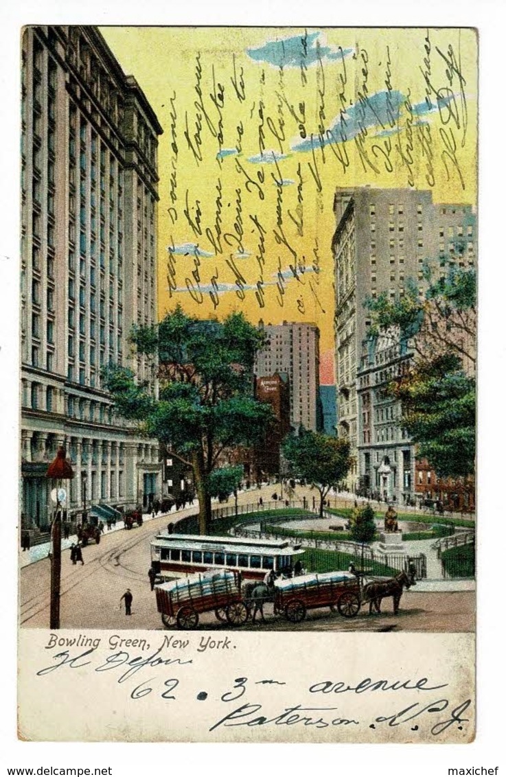 Bowling Green - New York (immeuble, Parc Avec Bassin, Tramway, Transports De Marchandise Hippomobiles) Circ 1907 - Parchi & Giardini