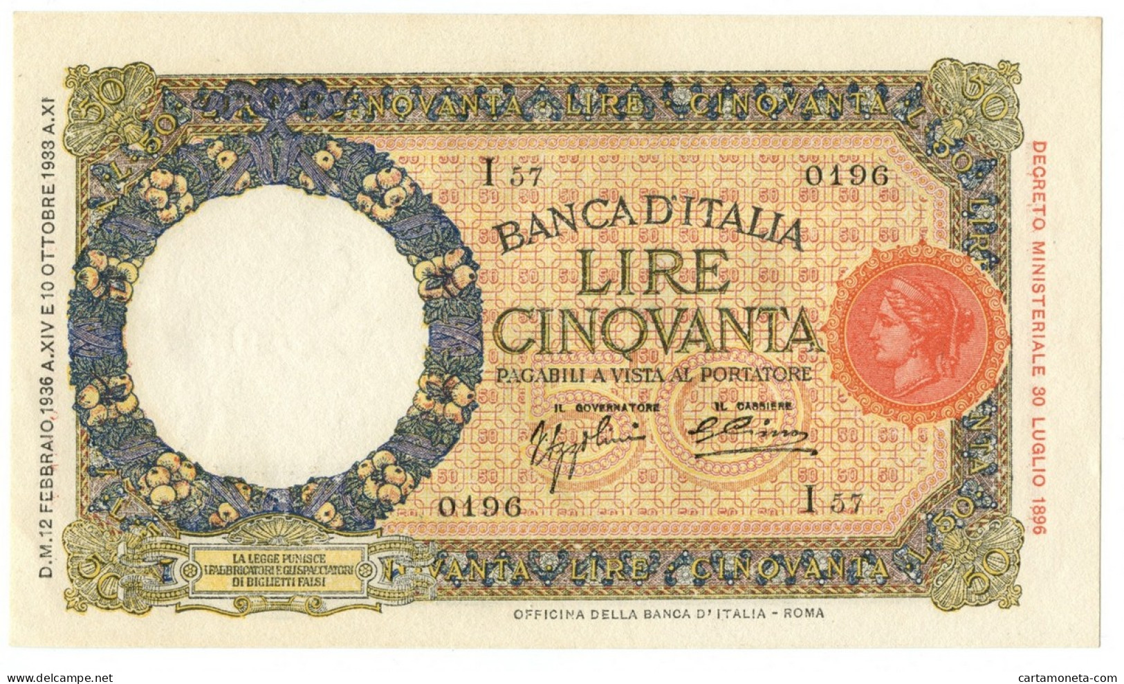 50 LIRE CAPRANESI LUPA CAPITOLINA MARGINE LARGO FASCIO ROMA 12/02/1936 SUP+ - Andere