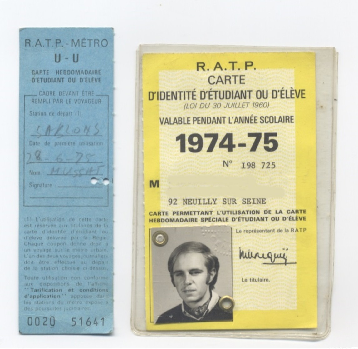 RATP CARTE D'ÉLEVÉ  1974-75 -recto/verso-B62 - Europa