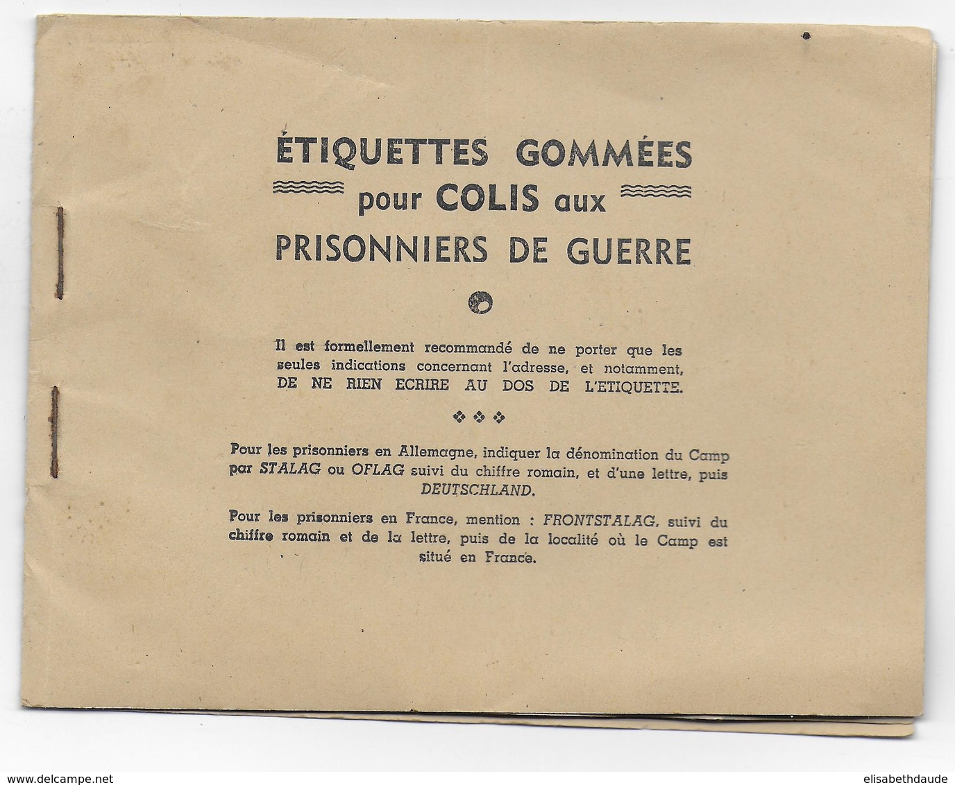 1940/1945 - CARNET D'ETIQUETTES GOMMEES Pour COLIS Aux PRISONNIERS DE GUERRE ! - Guerre De 1939-45
