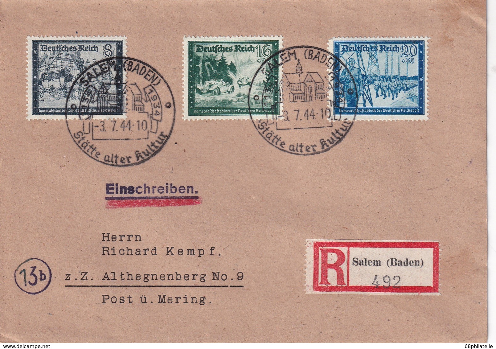 ALLEMAGNE 1944 LETTRE RECOMMANDEE DE SALEM AVEC CACHET ARRIVEE ALTHEGNENBERG - Covers & Documents