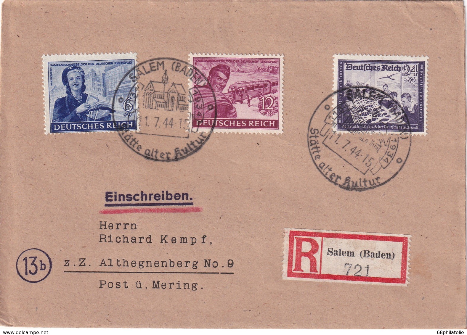 ALLEMAGNE 1944 LETTRE RECOMMANDEE DE SALEM AVEC CACHET ARRIVEE ALTHEGNENBERG - Briefe U. Dokumente