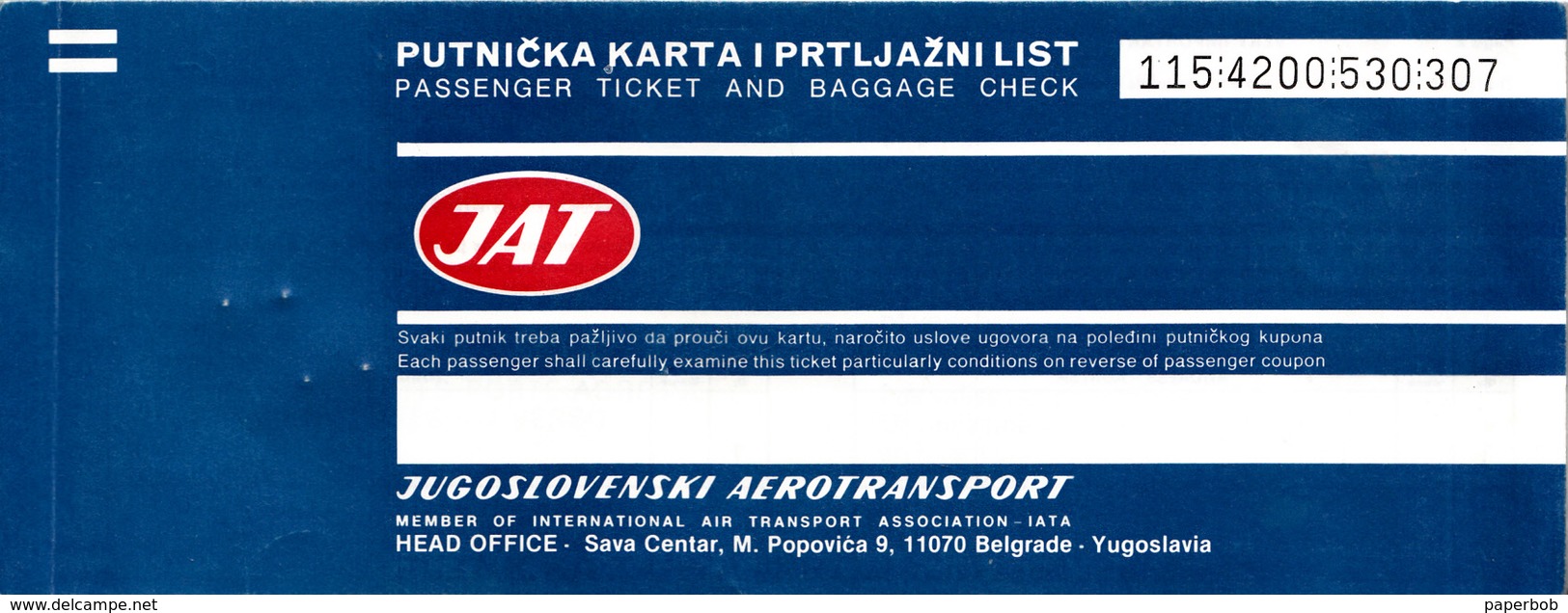 JAT YUGOSLAVIA 1988 AIRPLANE TICKET TO FRANCE - Europa