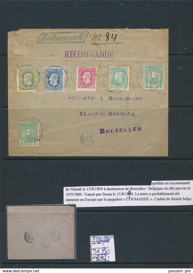 BELGIAN CONGO 1886/1887  ISSUES REGISTERED COVER FROM MATADI 13.08.1894 TO BRUSSELS FRANKING 1FR (50C + REGISTERED 50C) - 1884-1894