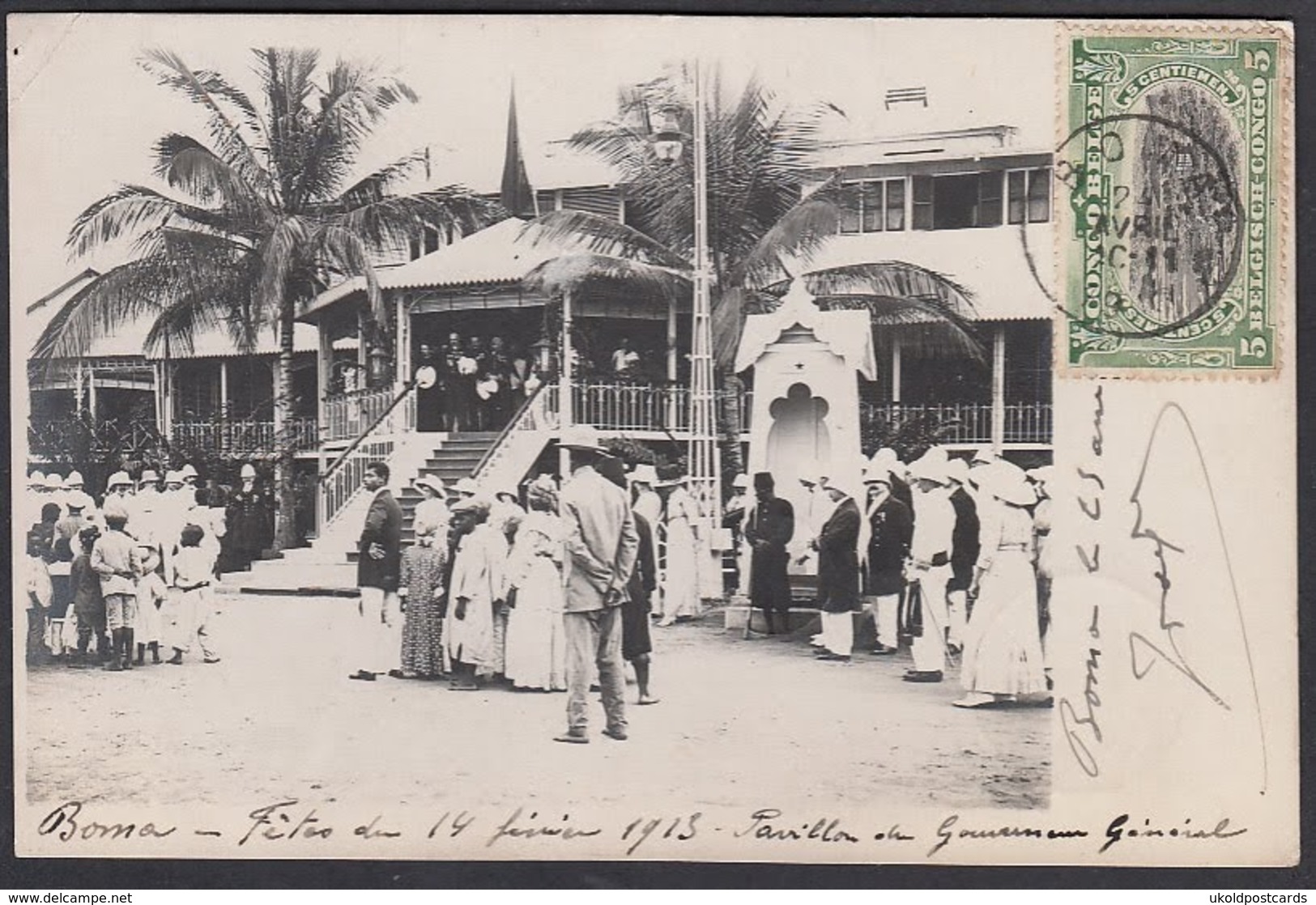 CPA -  Congo Belge,  BOMA, Fetes Du 14 Février 1913 Pavillon Du Gouverneur Général, Carte Photo - Congo Belge