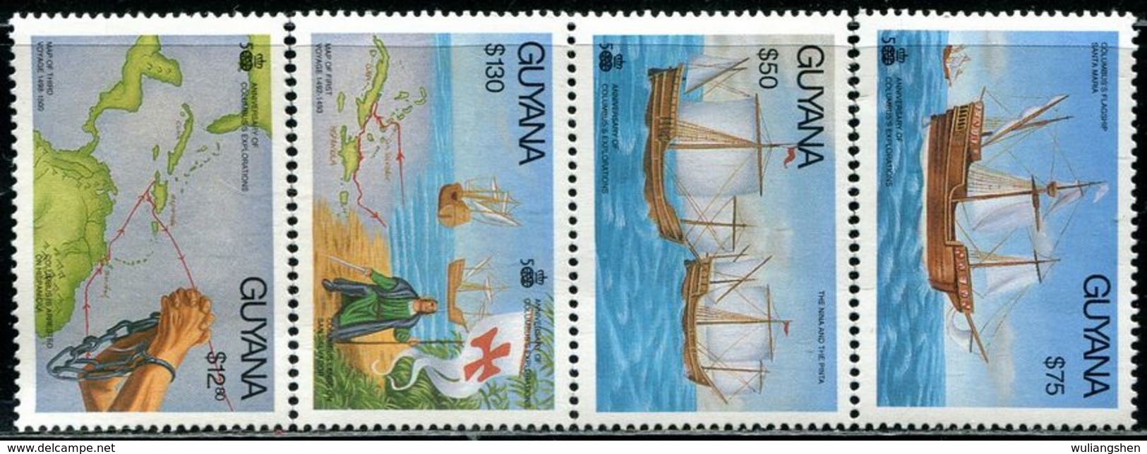 AF0901 Guyana 1992 Columbus Nautical Ship Map, Etc. 4V MNH - Guyane (1966-...)