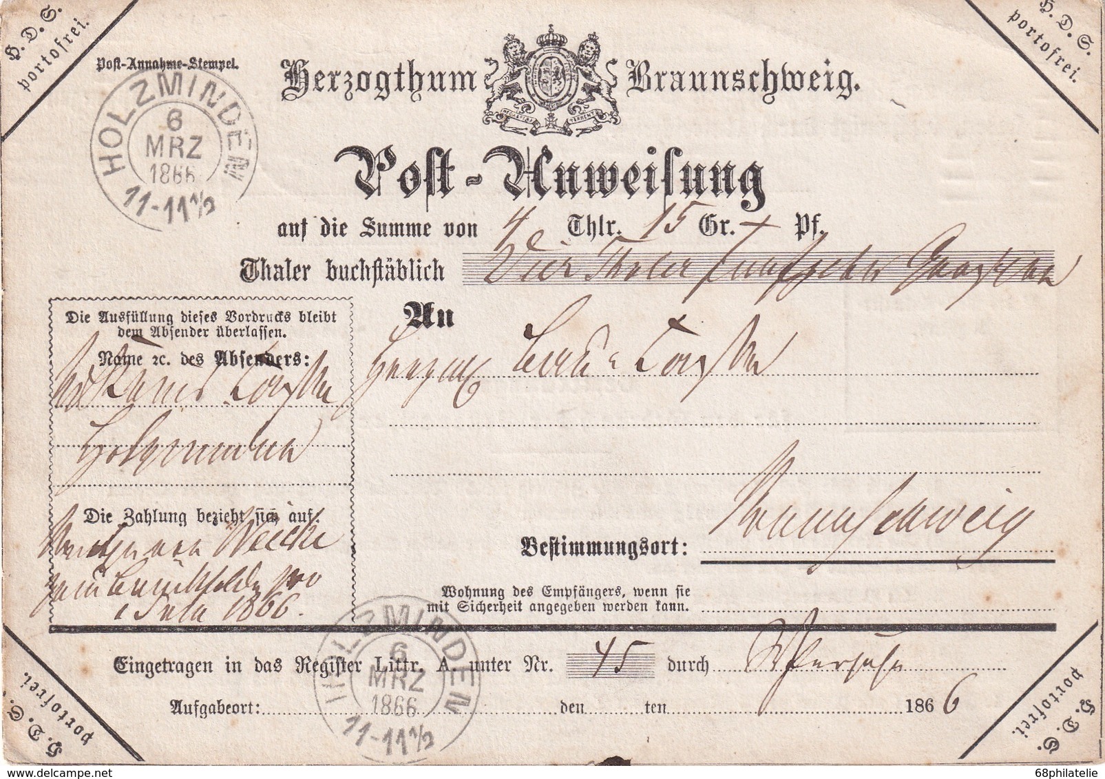 BRAUNSCHWEIG  1866 POST ANWEISUNG DE HOLZMINDEN - Brunswick