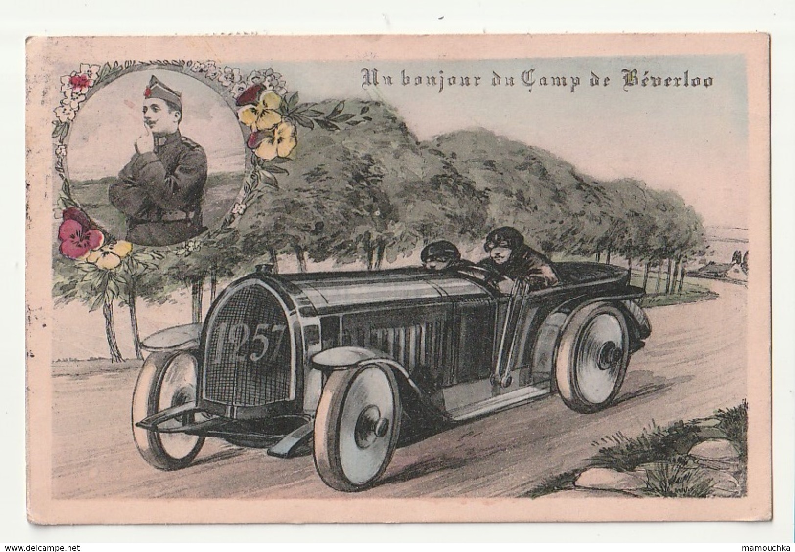 Un Bonjour Du Camp De Beverloo ( Soldaat Militai Militaire En Médaillon Auto 1257 ) - Leopoldsburg (Kamp Van Beverloo)