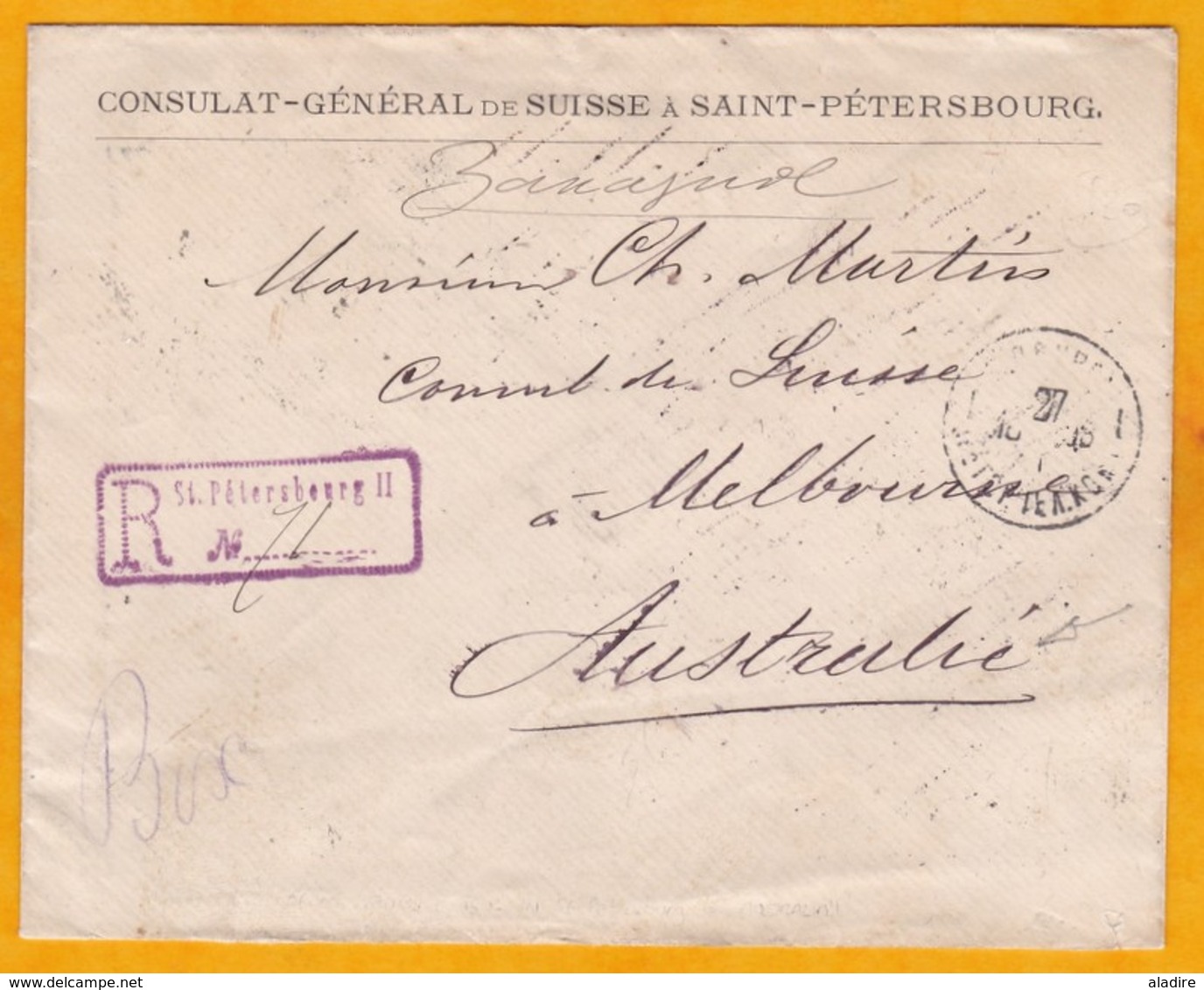 1898 - Enveloppe Recommandé De Saint Petersbourg, Russie, Россия Vers Melbourne, Australie, Australia - Affrt 20 K N° 47 - Briefe U. Dokumente