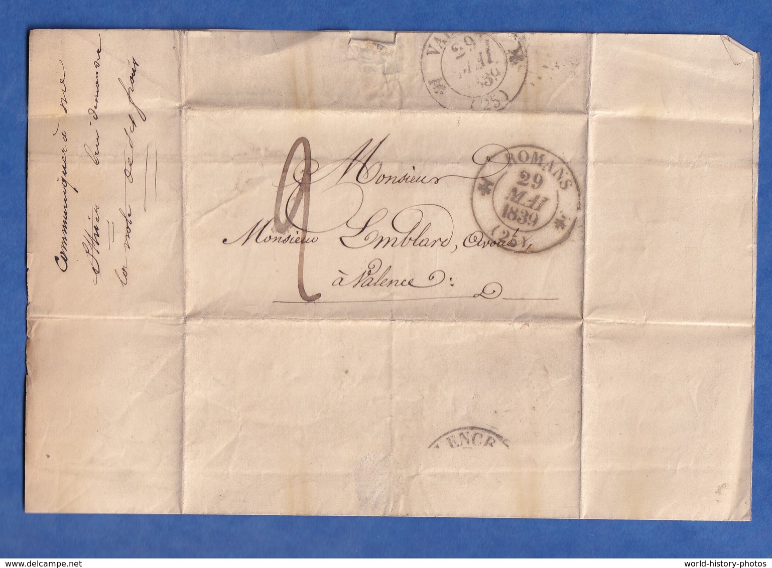 Courrier Ancien De 1839 - ROMANS Sur ISERE ( Drôme ) - Signé SOUCHIER D'ALLEX - Marque Postale - à Emblard à Valence - 1801-1848: Precursors XIX