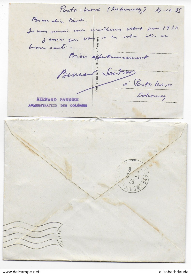 DAHOMEY - 1935 - ENVELOPPE + CARTE De PORTO NOVO => LA VARENNE ST HILAIRE READRESSE => ROCHEFORT-MONTAGNE - Covers & Documents