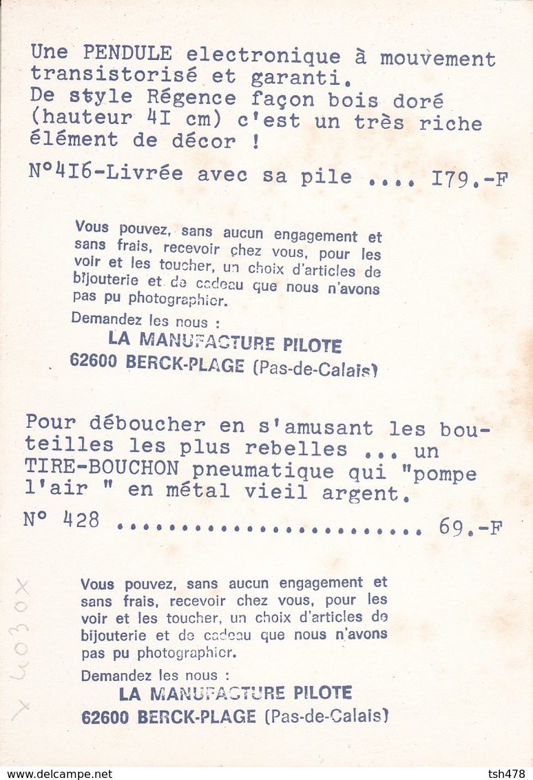 62---BERCK-PLAGE--La Manufacture Pilote--( Carte Publicitaire + Tarif )--tire-bouchon--pendule Electronique-voir 2 Scans - Berck