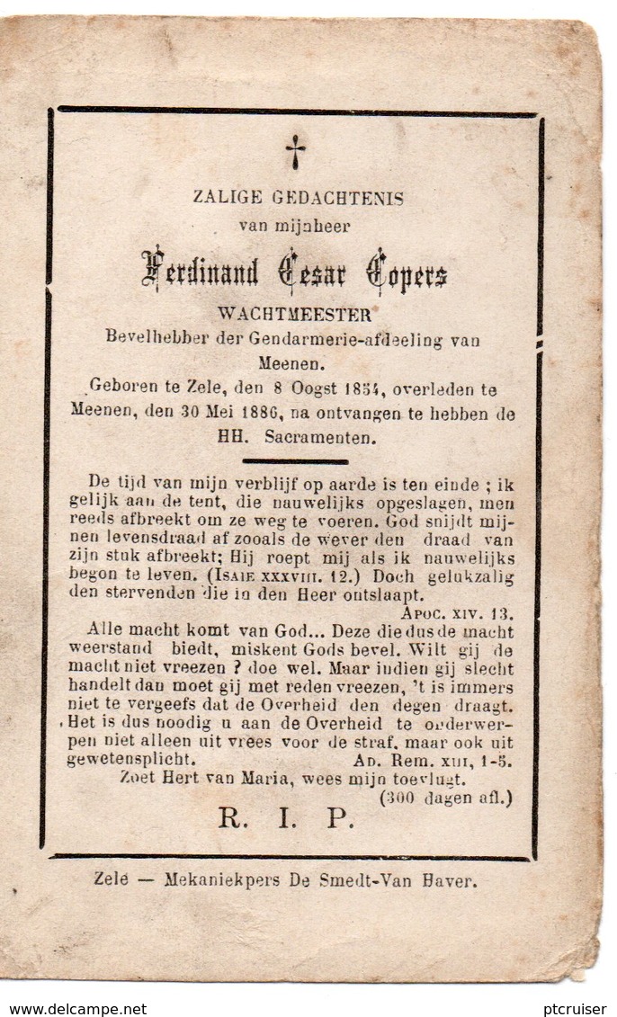 ZELE COPERS RIJKSWACHT WACHTMEESTER MEENEN MENEN 1854 - 1886 - Religion & Esotérisme