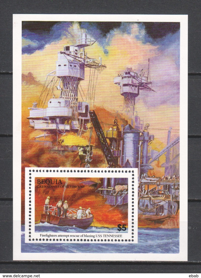 St Vincent Grenadines (Bequia) 1991 Mi Block 13 MNH SHIPS - FIRE FIGHTERS - Firemen