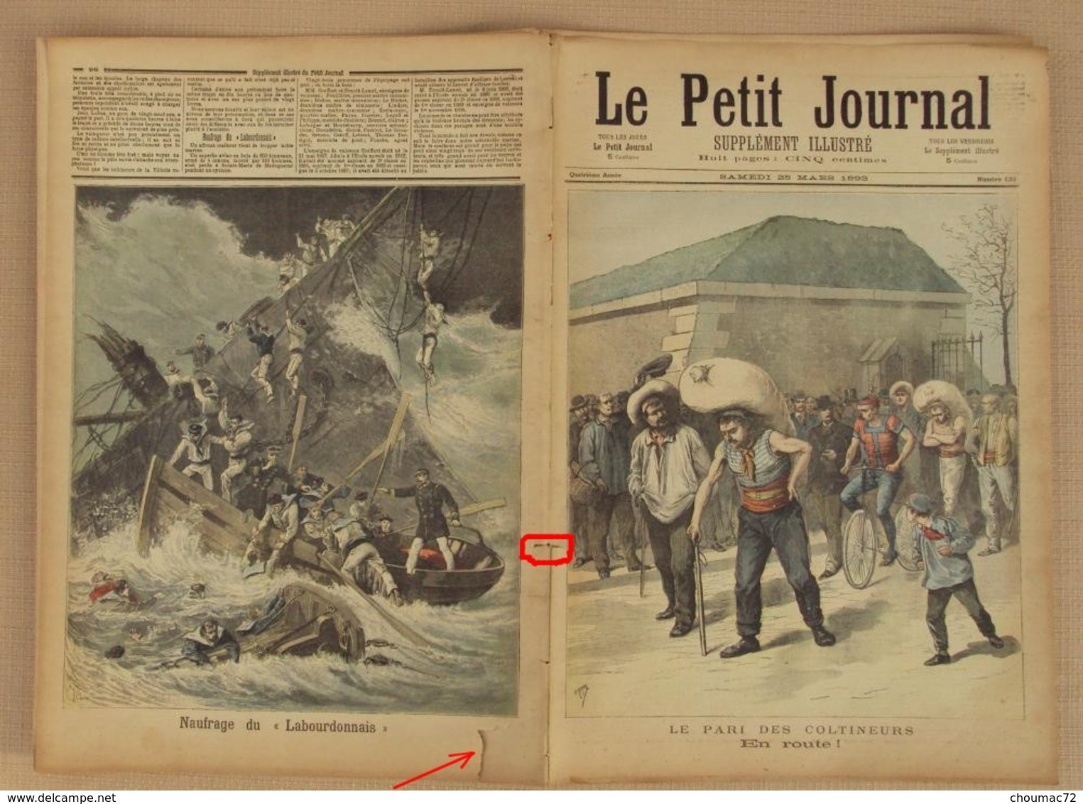 Le Petit Journal 1893 N° 122, Le Pari Des Coltineurs, Naufrage Du Labourdonnais, état Voir Photo, Journal Venant D'un En - 1850 - 1899