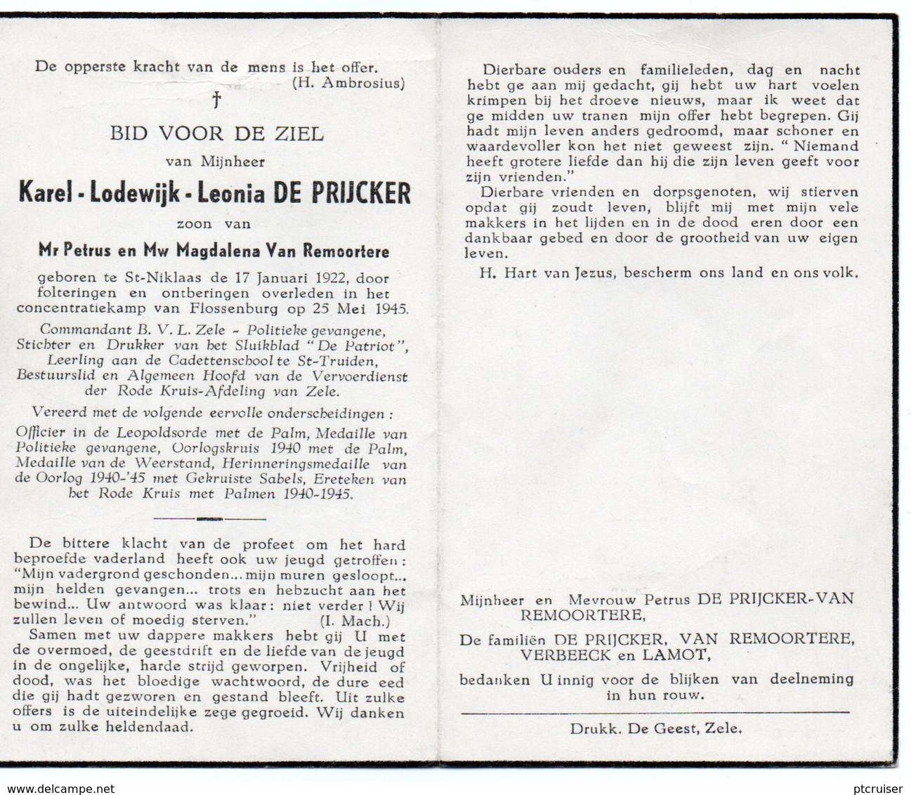 DE PRIJCKER ST-NIKLAAS FLOSSENBURG COMMANDANT B.V.L. ZELE DE PATRIOT ST-TRUIDEN CADETTENSCHOOL WW2 1940-45 - Religion & Esotérisme