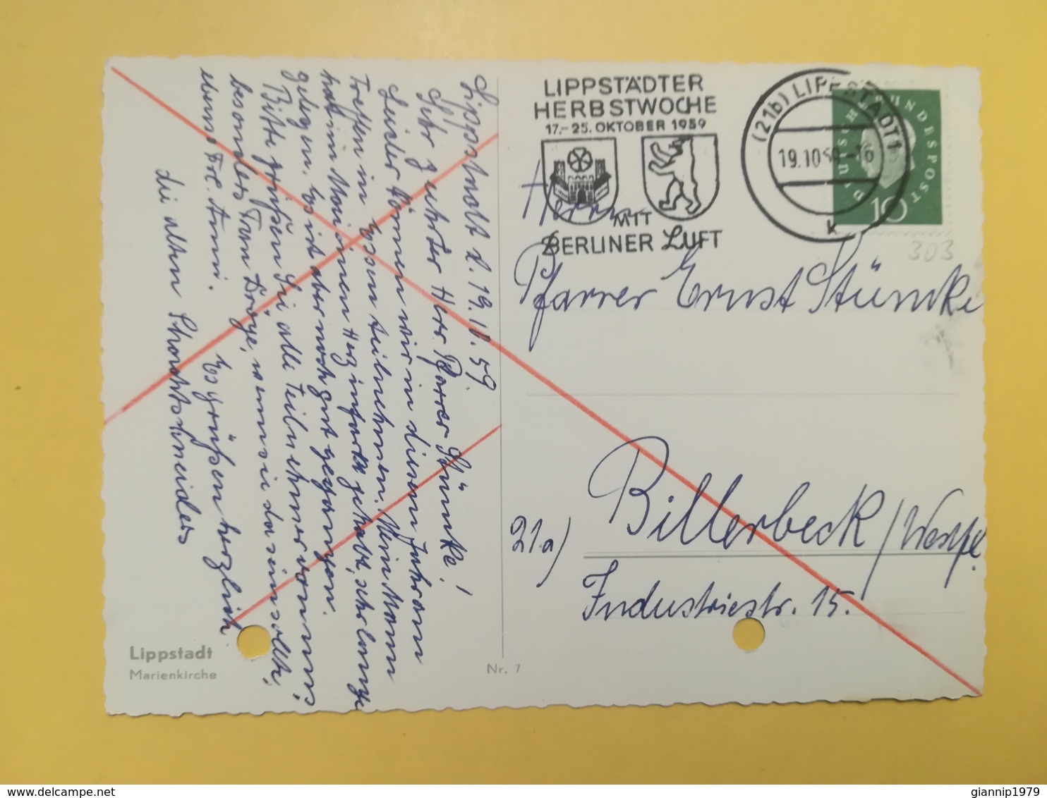 CARTOLINA POSTCARD GERMANIA DEUTSCHE 1959 LIPPSTADT MARIENKIRCHE BOLLO THEODOR HEUSS ETICHETTA BERLINER LUFT - Lippstadt