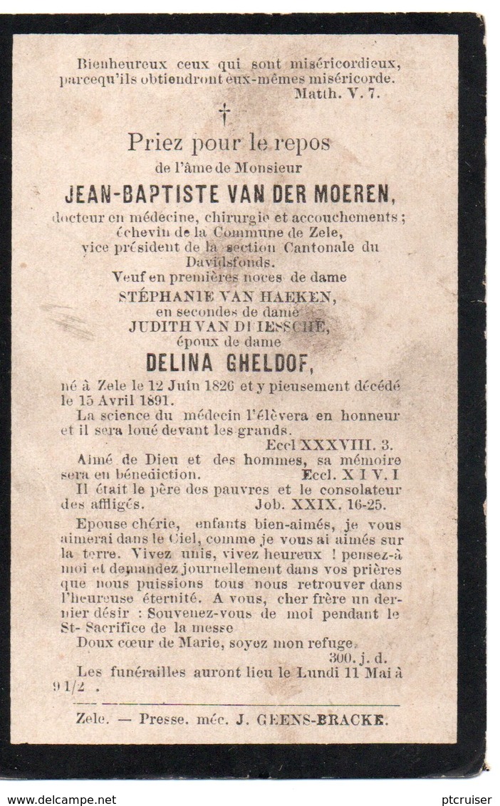 VAN DER MOEREN DOKTER SCHEPEN ZELE 1826 1891 - Religion & Esotérisme