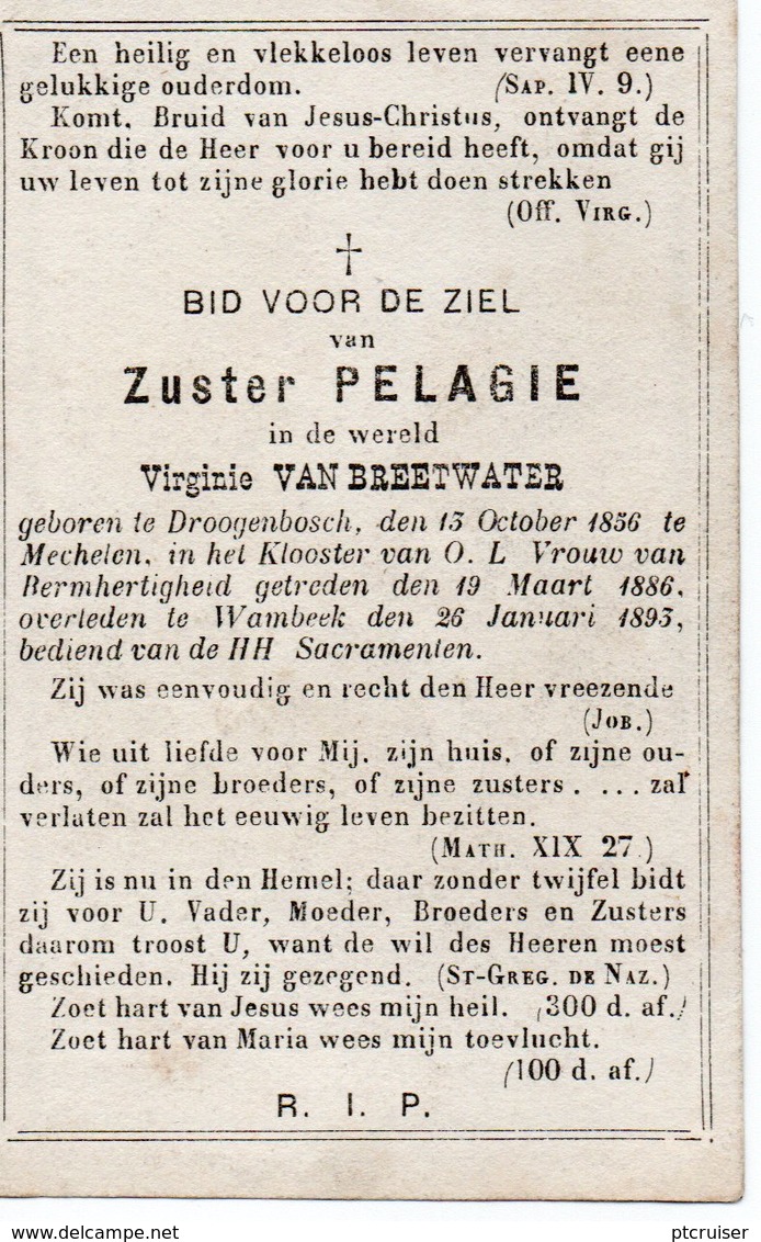 ZUSTER PELAGIE  BREETWATER DROOGENBOSCH DROGENBOS MECHELEN WAMBEEK 1856 1893 - Religion & Esotérisme