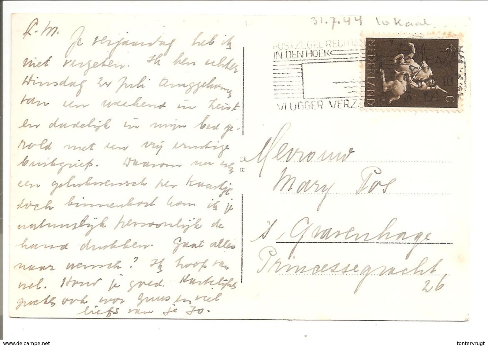 1943 Germaanse Symbolen 4ct NVPH 410 ENKEL. Briefkaart Lokaal ! S'Gravenhage 31.7.44 - Brieven En Documenten