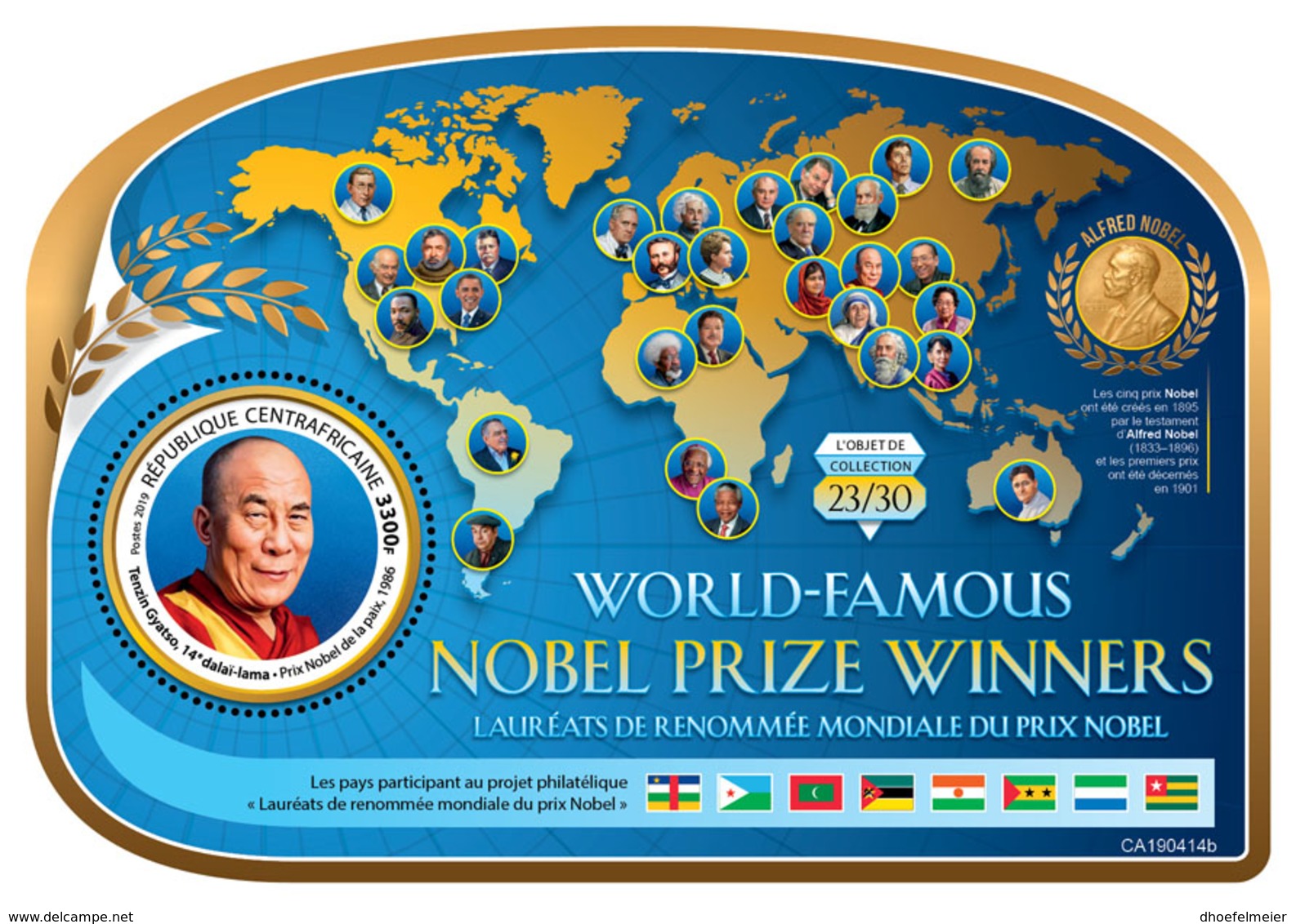 CENTRALAFRICA 2019 MNH Tenzyn Gyatso Dalai Lama Nobel Prize Winner Nobelpreis Prix Nobel S/S - OFFICIAL ISSUE - DH1929 - Prix Nobel
