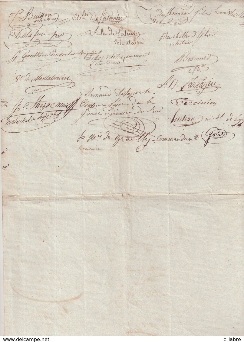 DOCUMENT : " SAINTES " . 15/07/1815 . DESTINE AU ROI LOUIS XVIII . ECRITE ET SIGNE DE LA 1ère COMPAGNIE DE VOLONTAIRES .