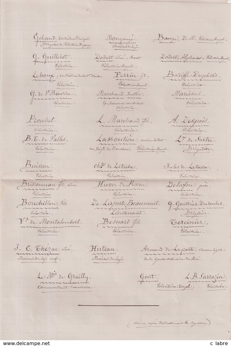 DOCUMENT : " SAINTES " . 15/07/1815 . DESTINE AU ROI LOUIS XVIII . ECRITE ET SIGNE DE LA 1ère COMPAGNIE DE VOLONTAIRES .