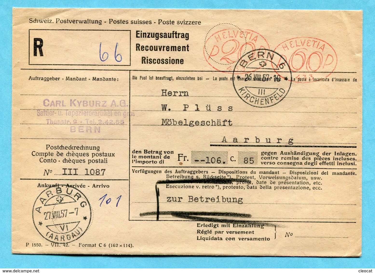 Einzugsauftrag Bern Mit 2 Freistempel 1957 - Absender: Carl Kyburz A.G. - Storia Postale