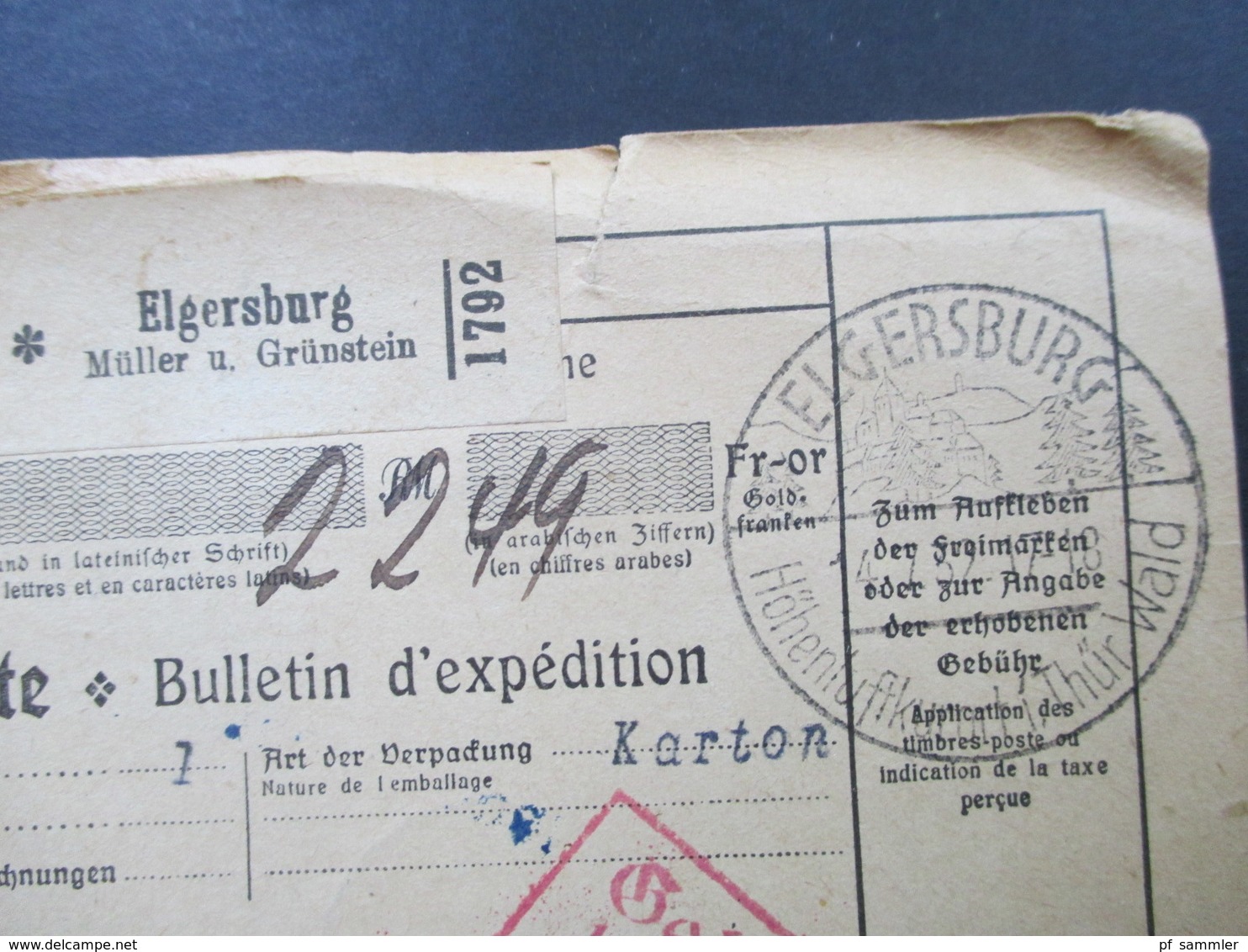 Deutsches Reich Auslandspaketkarte 1932 Aue (Sachsen) Roter Ra2 Gebühr Bezahlt Stempel Elgersburg Nach Strassburg Elsass - Briefe U. Dokumente