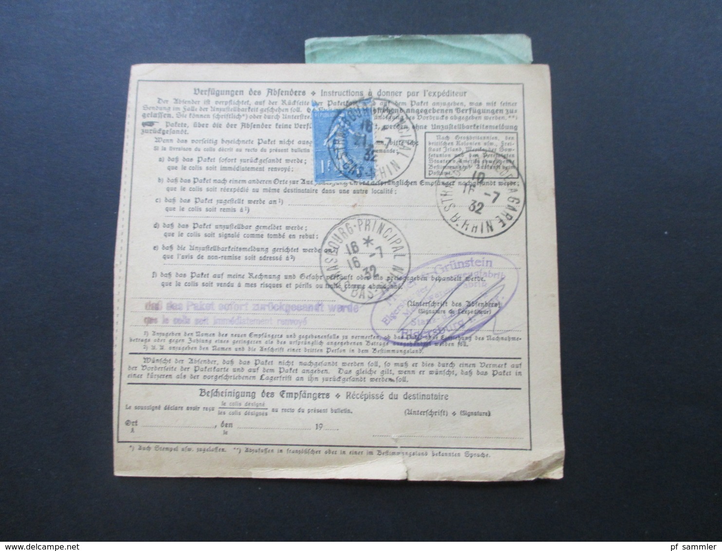 Deutsches Reich Auslandspaketkarte 1932 Aue (Sachsen) Roter Ra2 Gebühr Bezahlt Stempel Elgersburg Nach Strassburg Elsass - Briefe U. Dokumente